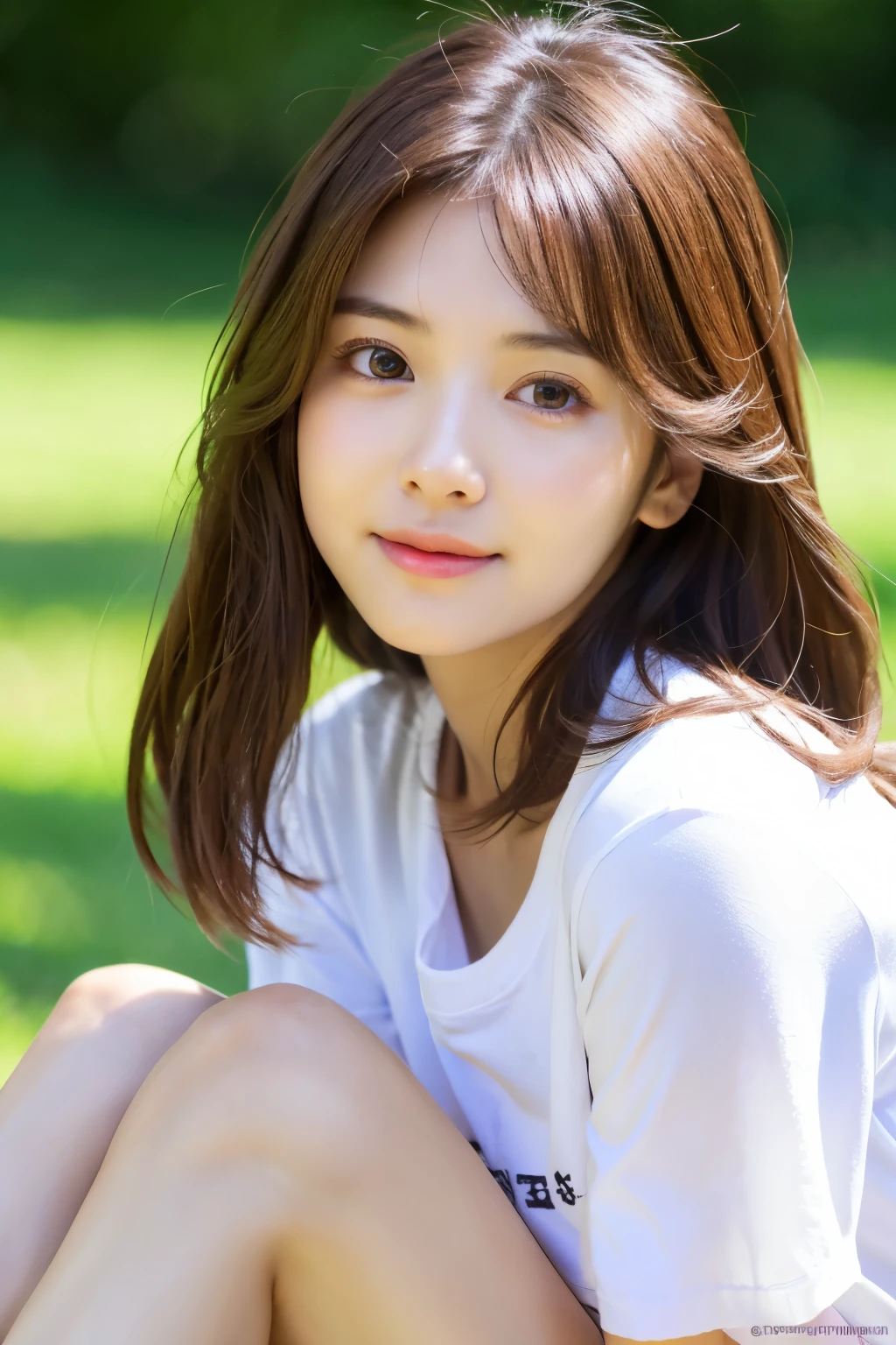 (RAW photo, best quality),(realistic, photo-realistic:1.3), masterpiece, an extremely delicate and beautiful, extremely detailed, CG, unity , 2k wallpaper, Amazing, finely detail, light smile, extremely detailed CG unity 8k wallpaper, huge filesize, ultra-detailed, highres, absurdres, soft light, bob cut, Short Bob Hair, Duck mouth, brown hair, floating hair novafrogstyle, beautiful detailed girl, detailed fingers, extremely detailed eyes and face, beautiful detailed nose, beautiful detailed eyes, long eyelashes, light on face, looking at viewer, closed mouth, 1girl, cute, young, mature face, full body, small breasts, realistic face, realistic body, beautiful detailed thigh, ulzzang-6500-v1.1, koreanDollLikeness_v15, costume: t-shirt, brown eyes