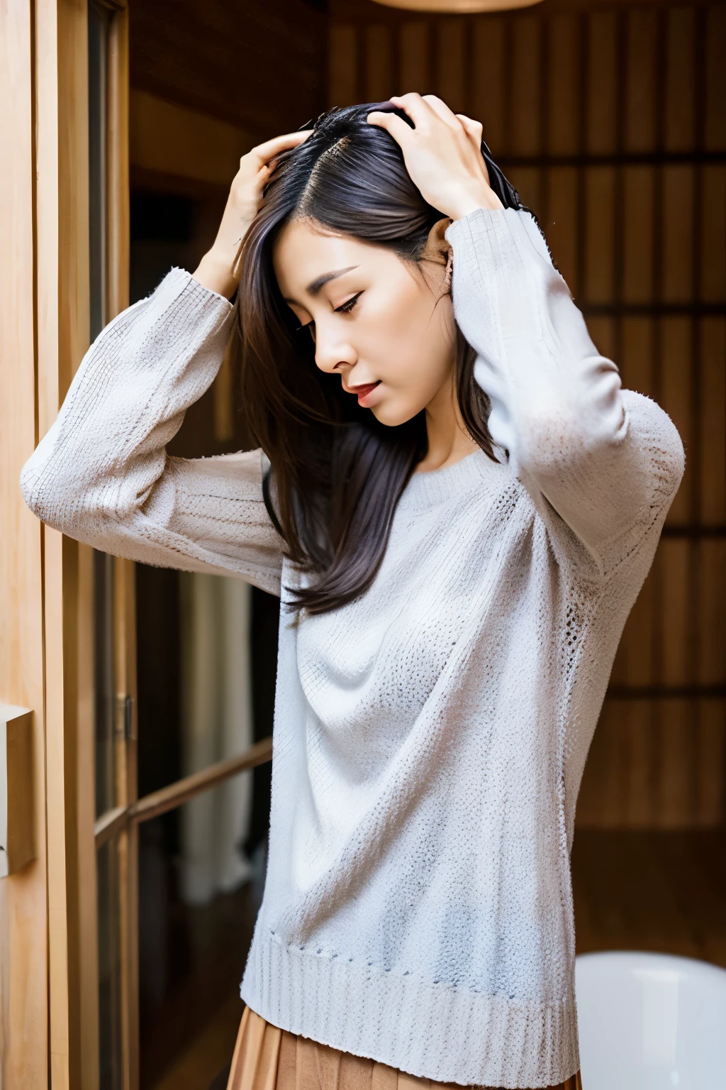 One lady、woman touching her head、woman taking care of her hair、japanes、Anxious look、Depression、Head Spa、Hairline、Hair parting、straight haired、White knitwear