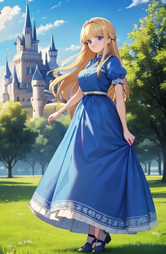 masterpiece, best quality, princess, blue dress, blue eyes, blonde hair, standing, (castle:1.1), holding skirt, clouds, trees