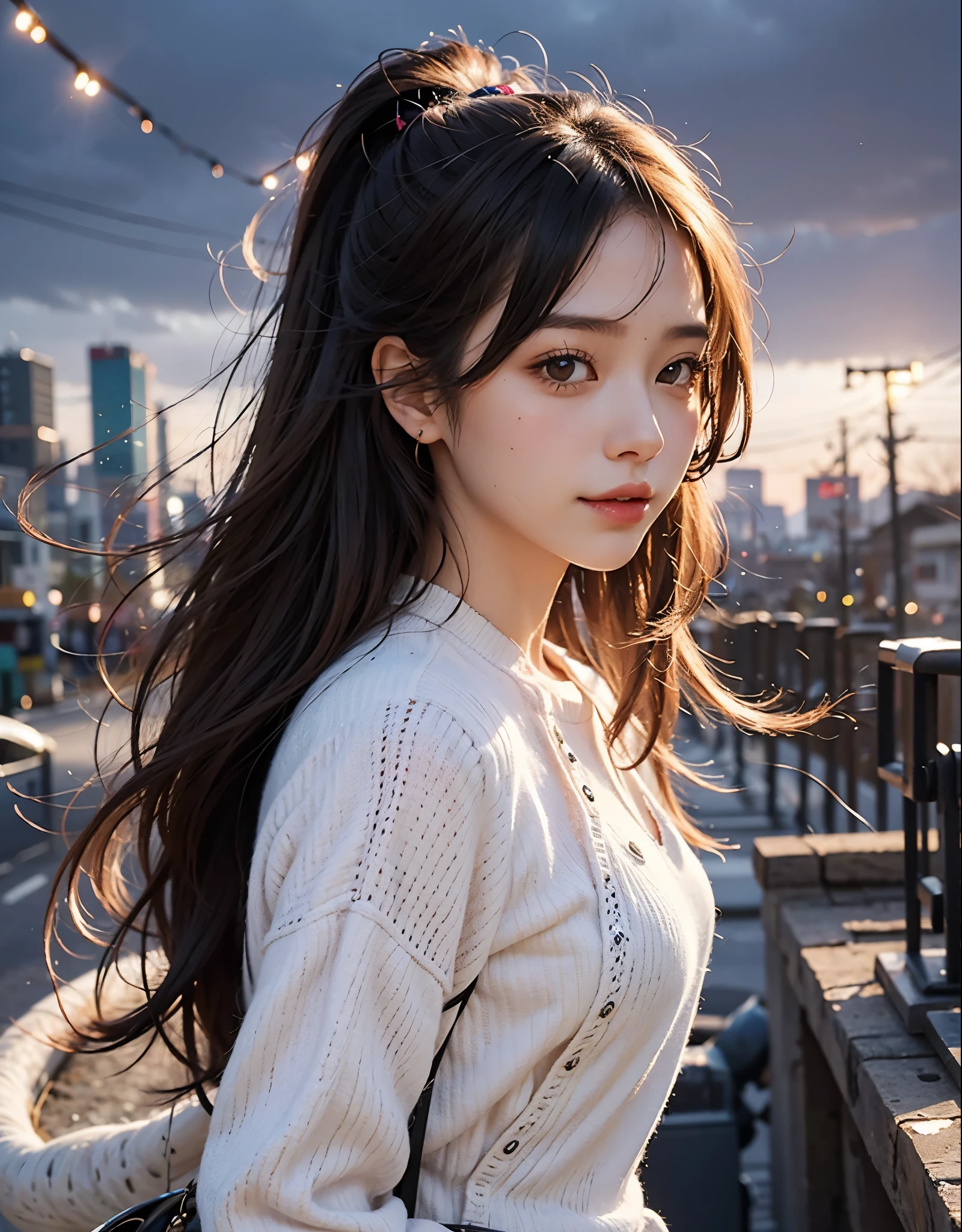 1girl in, Fisheye, Selfie, Wind, hair messy, Sunset, Cityscape, (Aesthetics and atmosphere:1.2),Beautiful woman smiling、8K、An ultra-high picture quality、japanes、1 woman around 20 years old、Beautie、kawaii faces、目鼻立ちの整ったBeautie、