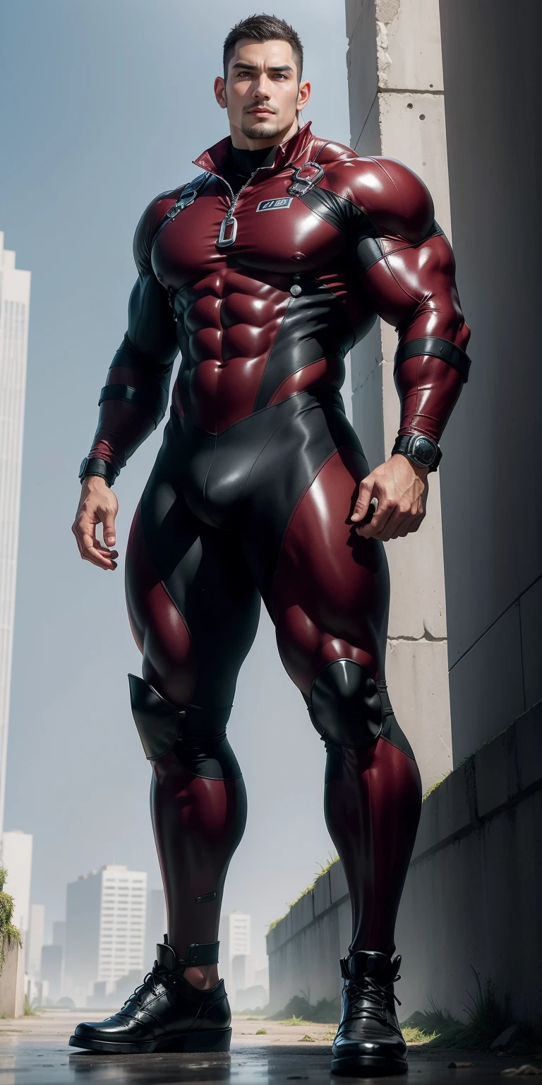 A tall, muscular man 2 meters tall opened his mouth and shouted.,giant police officer,character design(生化危机 - Chris Redfield,Chris Redfield)Wearing a shiny burgundy wetsuit,High leather texture,Regular symmetrical texture pattern,Standing alone in the ruins of the city in the open air, Bright sunlight shines on the body,expression sad,Deep and charming pupilale heroes,heroic masculine pose,Tall and burly,Muscular!Sexy and attractive leg muscles,tall, Burly, and strong, Wearing a shiny burgundy wetsuit, Super gain and cool, commission for high resolution, Big feet wearing dark black boots,Charming strong man,Bright sunlight shines on the body,Reflective and shiny