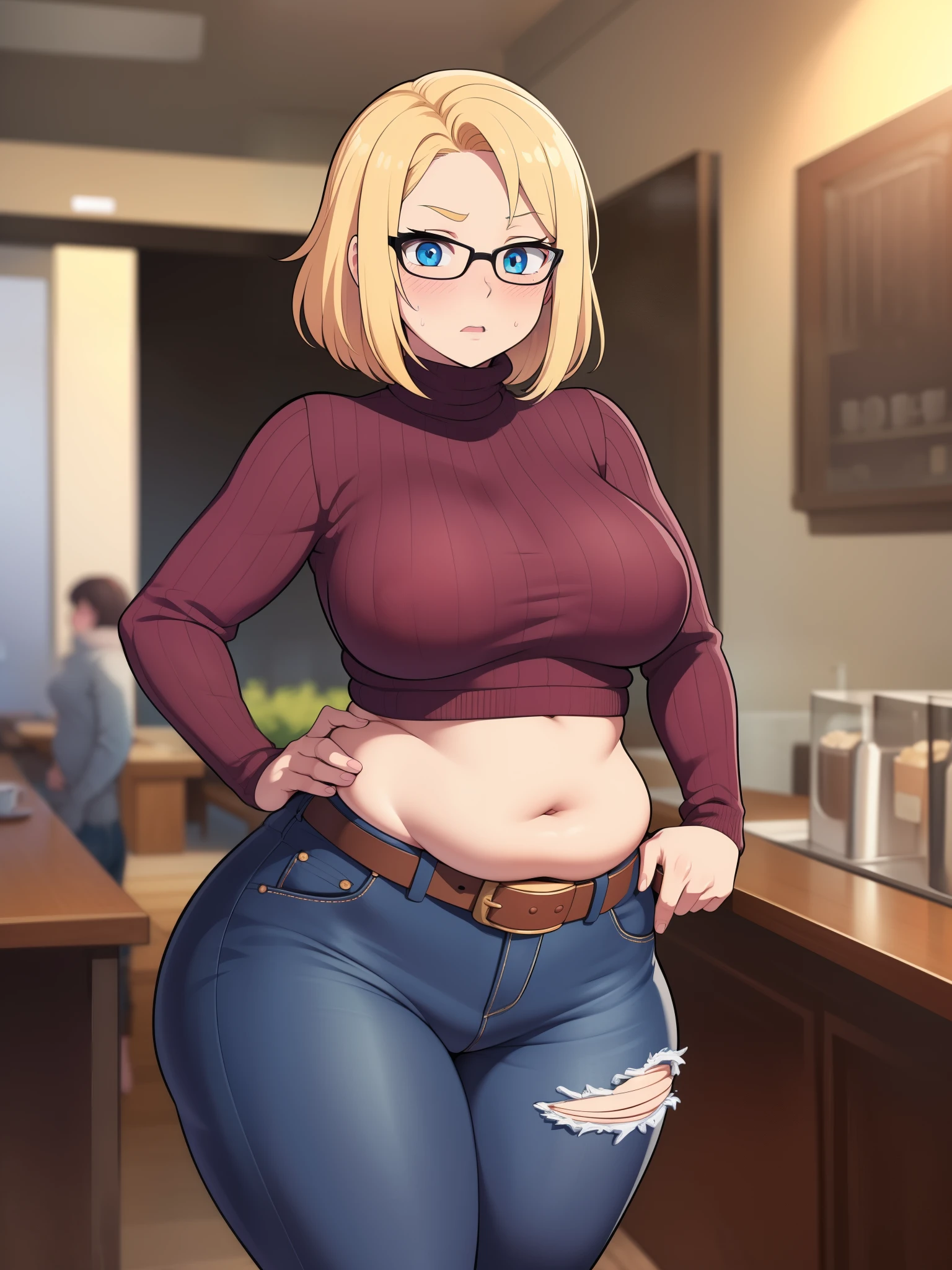 ((Masterpiece)), perfect anatomy, perfect shading, field of depth, (best quality), extremely delicate and beautiful, perfect lighting, detailed face, ultra cute face, cute, (cowboy shot 1.2), full body, (((1girl))), ((solo)), looking at viewer,

short hair, fluffy hair, blonde hair, blue eyes, Glasses, ((blush)), shy, nervous, embarrassed, (black turtleneck sweater 1.5), (jeans 1.2), belt, extremely tight clothes, medium breasts, ((wide hips)), ((thick thighs)), ((chubby)), belly bulge, belly hang, fat folds

coffee shop, intricate background, detailed background, hand on hip, holding coffee cup,