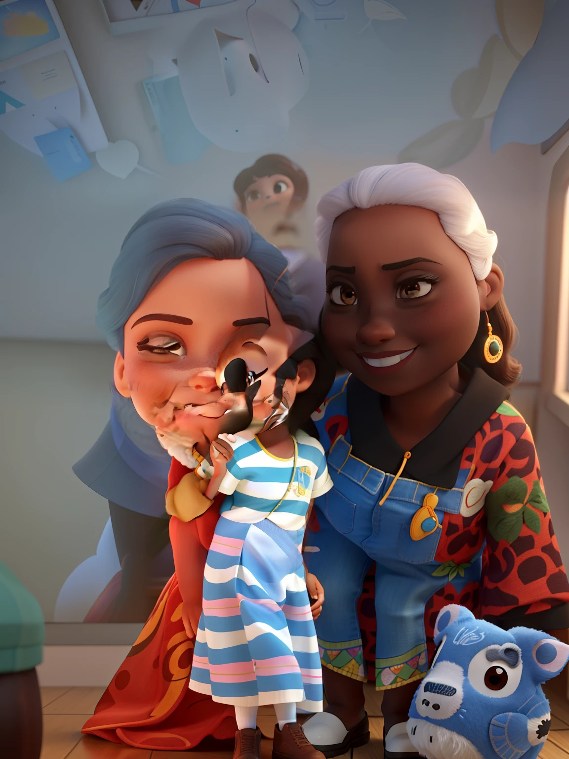 a Disney Pixar movie poster showing a family . O pai o mais alto, careca , . Mom has dark brown eyes, cabelo preto encaracolado, pele preta, Da mesma altura do pai . A menina tem 8 anos e cabelos castanhos e souto, pele parda, roupa rosa . O fundo de lago . 3D-rendering