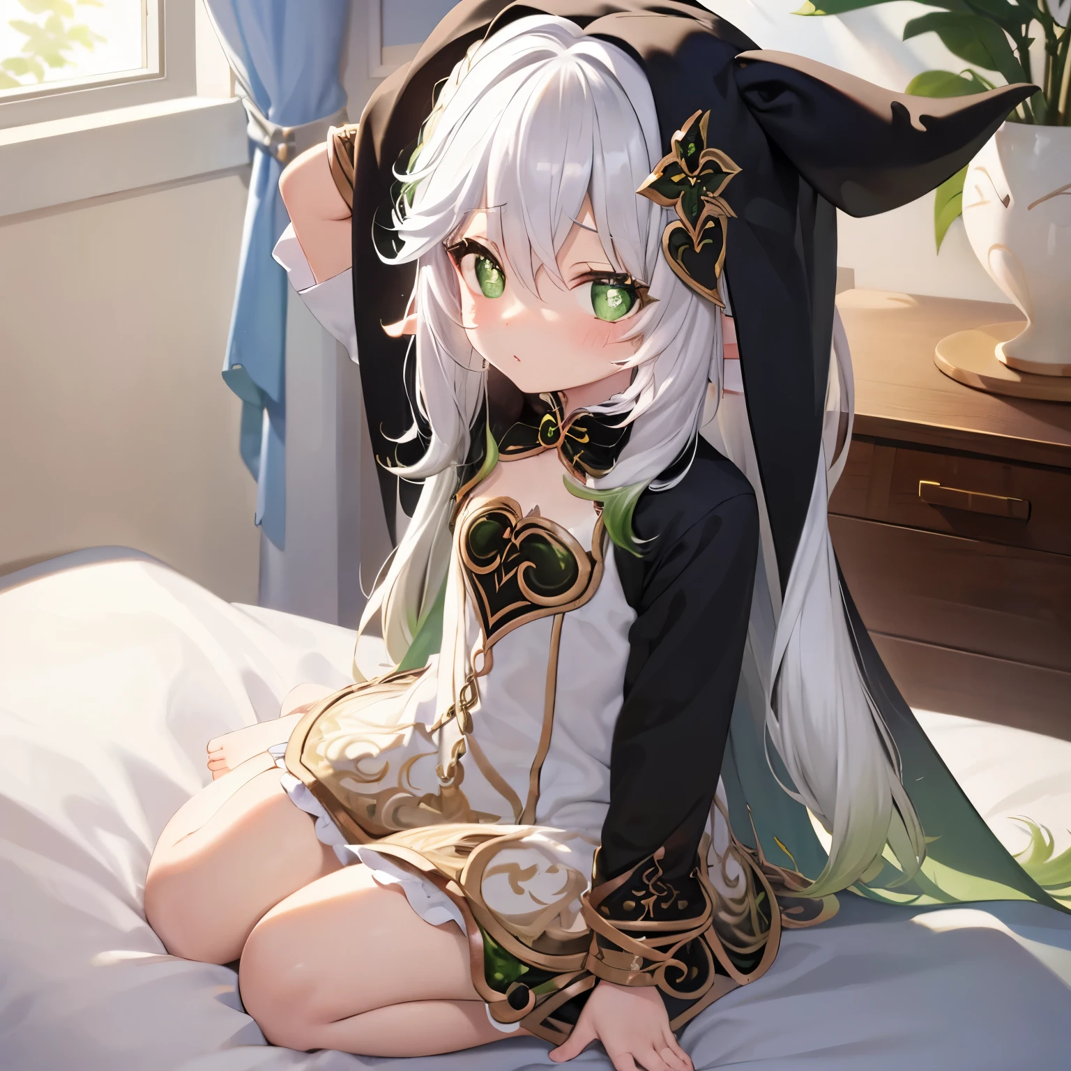 loli, solo, height 1.2 meters, medium hair, (white hair, (alternate hair color:1.331), black hair:1.2), (sleepy:1.2), (rubbing eyes:1.3), light blush, (kigurumi:1.331), flat chest, bedroom, sitting on the bed，wariza