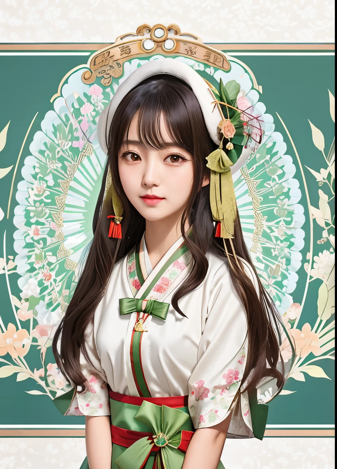 anime girl with a hat and a green sasher, shikamimi, mitsumayo, loli, korean art nouveau anime, harumi, marin kitagawa fanart, palace ， a girl in hanfu, anime moe artstyle, official artwork, official art, ehime, palutena, mihoyo art style, inspired by Takehisa Yumeji