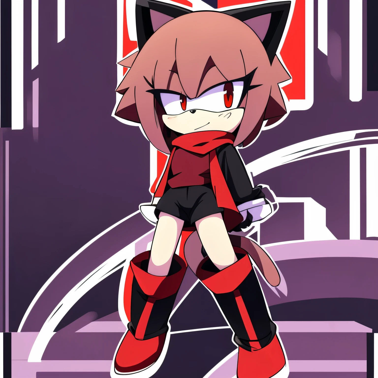 Female, Mobian, Cat, pale lavender fur, red sleeveless turtleneck top, black shorts, loose black and red hoodie hanging off of shoulders, knee high boots, (((2D Anime Style)))