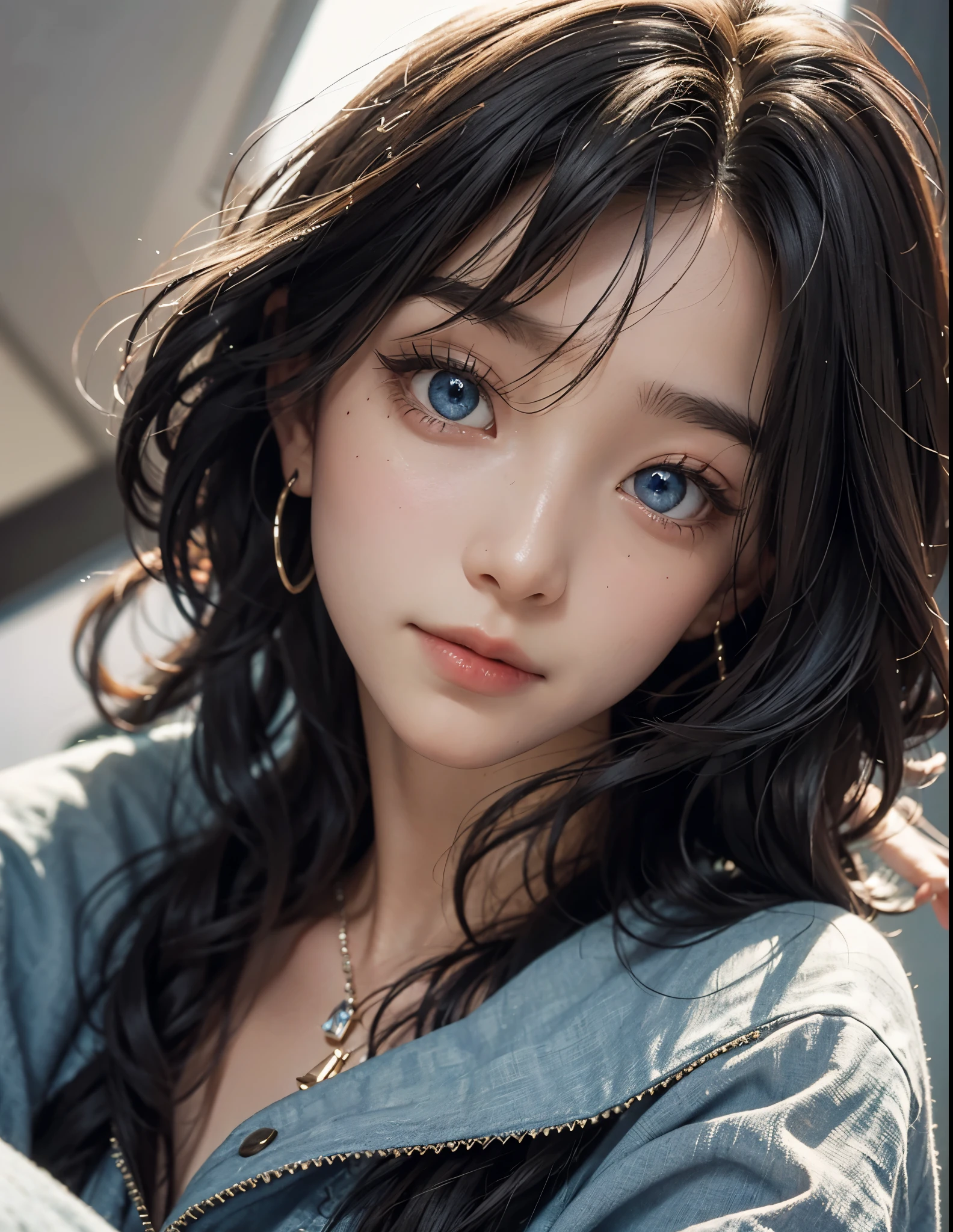 An ultra-high picture quality、(((From below:1.6)))japanes、1 woman around 20 years old、Black hair、short-cut、Beautiful face with blue eyes、A detailed face、Detailed eyes、realisticeyes、Detailed skin、realskin、Detailed hair strands、dishevled hair、disheveled hair、Slim body、Beautiful body、styles、In a moonlit room、((Sit on both knees))、on the beds、Put your face on your lap、((tilted my head to the side))、((Sad look))、(room at night)、((Smiling))、