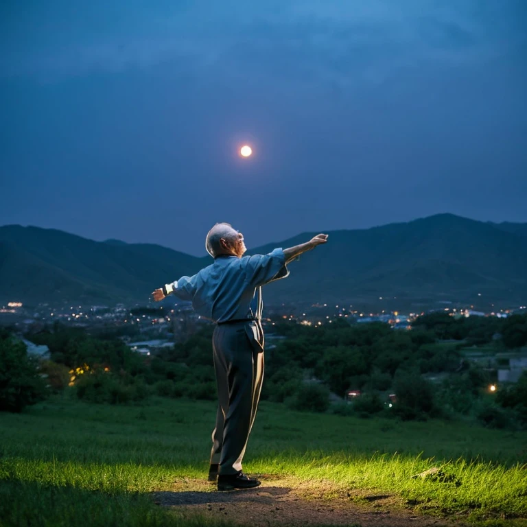 Beautiful night view from the mountaintop,An old man dancing in the air,