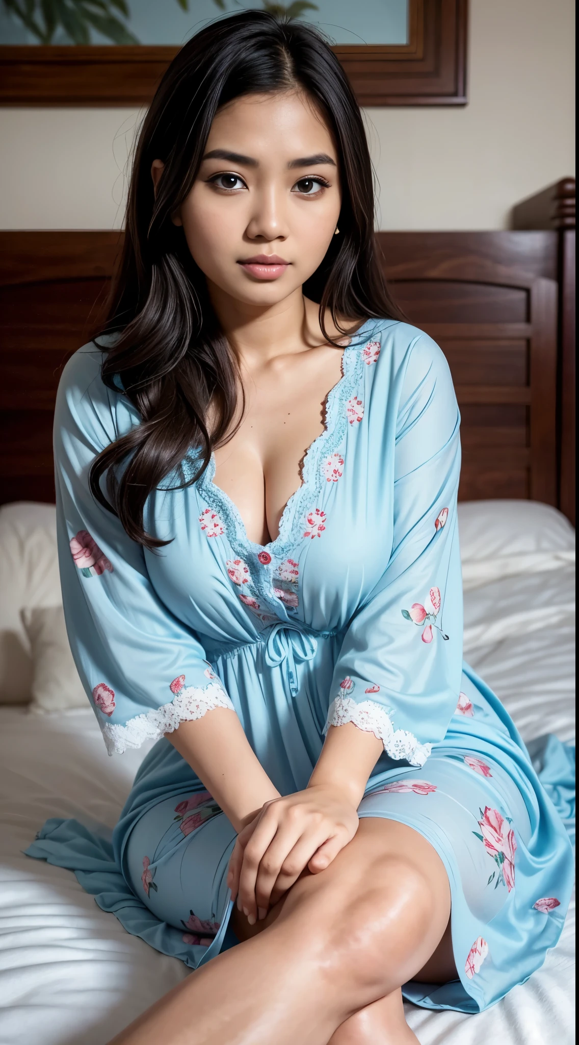 RAW, Best quality, high resolution, masterpiece: 1.3), beautiful Malay woman, Masterpiece, perfect fit body, big breasts, beautiful big eyes, long hair, brown hair, open stand, Soft smile, thick thighs, woman sitting in the bedroom in a light blue floral patterned dress, she is about 2 0 years old, she is about 20 years old, pale skin Malay girl, smooth pink skin, beautiful woman, wearing a light blue dress, beautiful Malay woman, she is about 2 , she about 30 years old, he is about 3 0 years old