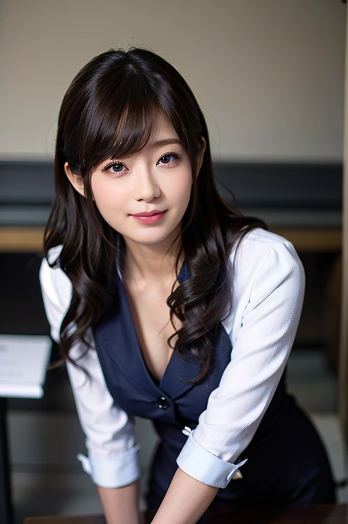 (8K、top-quality、​masterpiece:1.2)、(reallistic、フォトreallistic:1.2)（ultra-detailliert、hight resolution）1womanl, fullbody image、(Dark blue business suit:1.5, White blouses:1.5, tight skirts),  (Wavy Hair,A dark-haired:1.5), school classrooms,blurry backround、Male students,Medically correct body、Soft lighting,shinny skin, see the beholder, A smile, (a closed mouth:1.5),