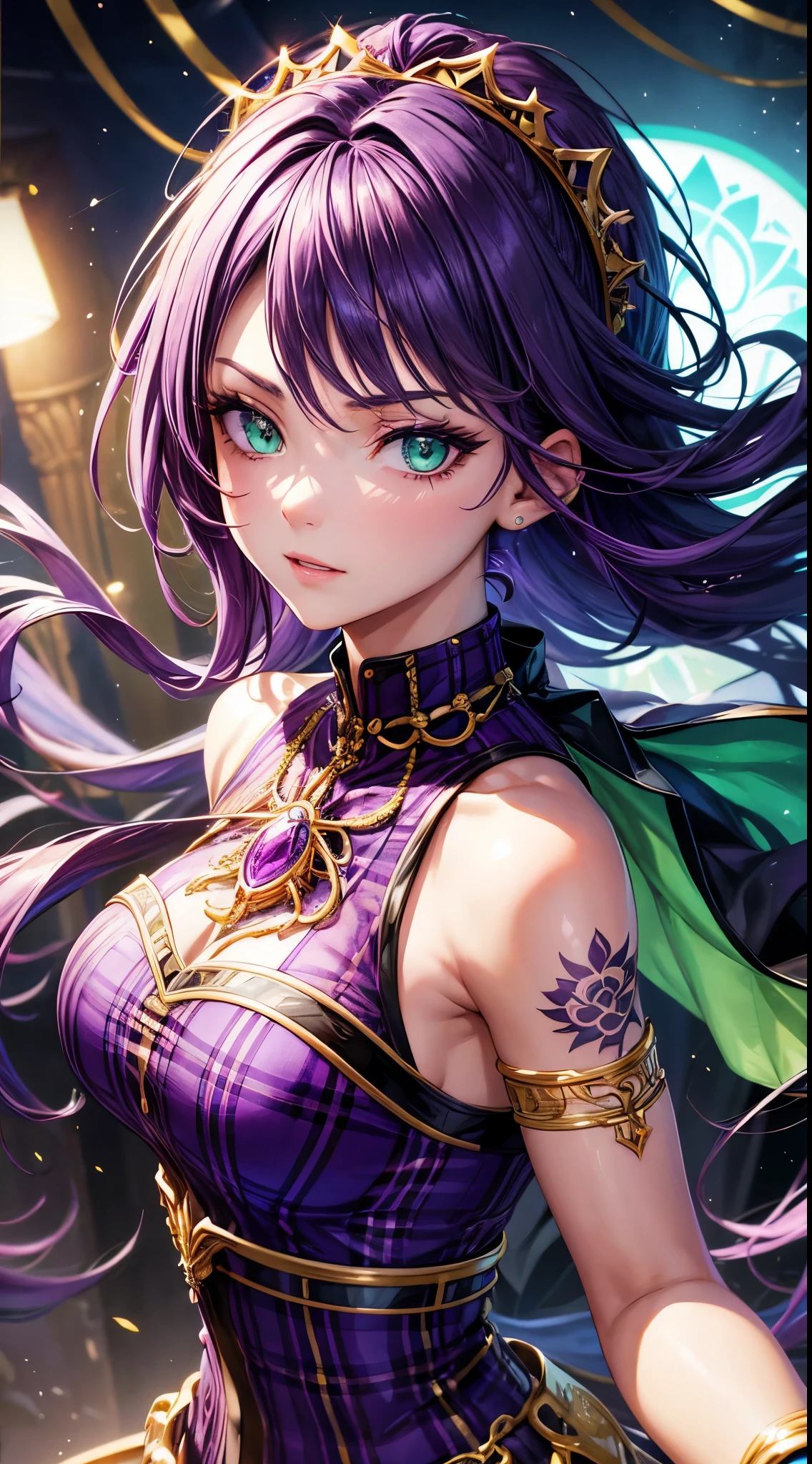 Beutiful woman, full hd, master piace, high quality, super detail, purple hair, green eyes, close-up, cinematic lights, high-neck sleeveless plaid dress, gold bracelet, colorful flower tattoo on arms