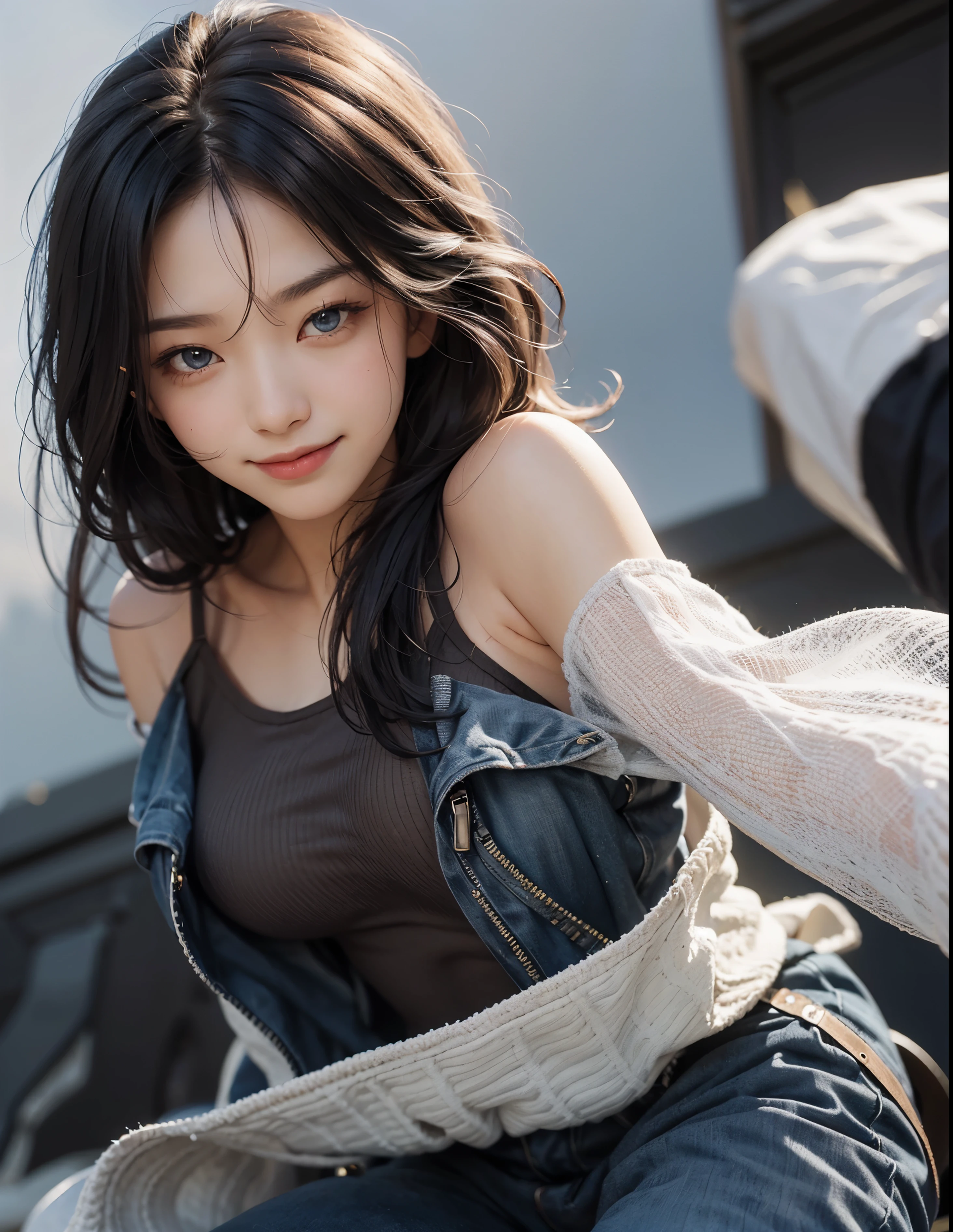 An ultra-high picture quality、(((From below:1.6)))japanes、1 woman around 20 years old、Black hair、short-cut、Beautiful face with blue eyes、A detailed face、Detailed eyes、realisticeyes、Detailed skin、realskin、Detailed hair strands、dishevled hair、disheveled hair、Slim body、Beautiful body、styles、In a moonlit room、((Sit on both knees))、on the beds、Put your face on your lap、((tilted my head to the side))、((Sad look))、(room at night)、((Smiling))、