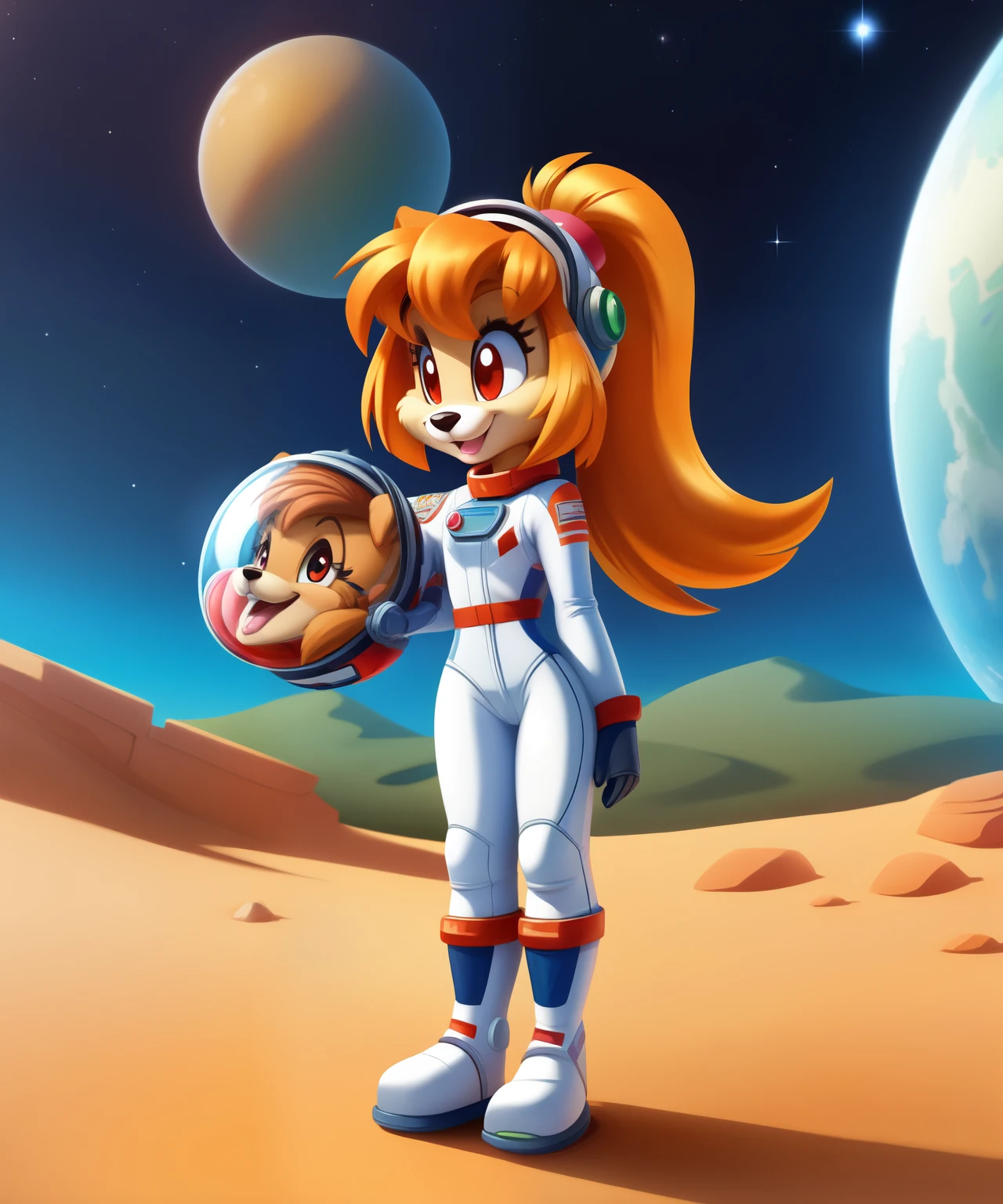 Hazura the female anthro golden retriever dog, teenage age, orange ponytail hair, pink lipstick, scarlet eyes, white and grey spacesuit training, tiny toons style, white and green space helmet, full body view