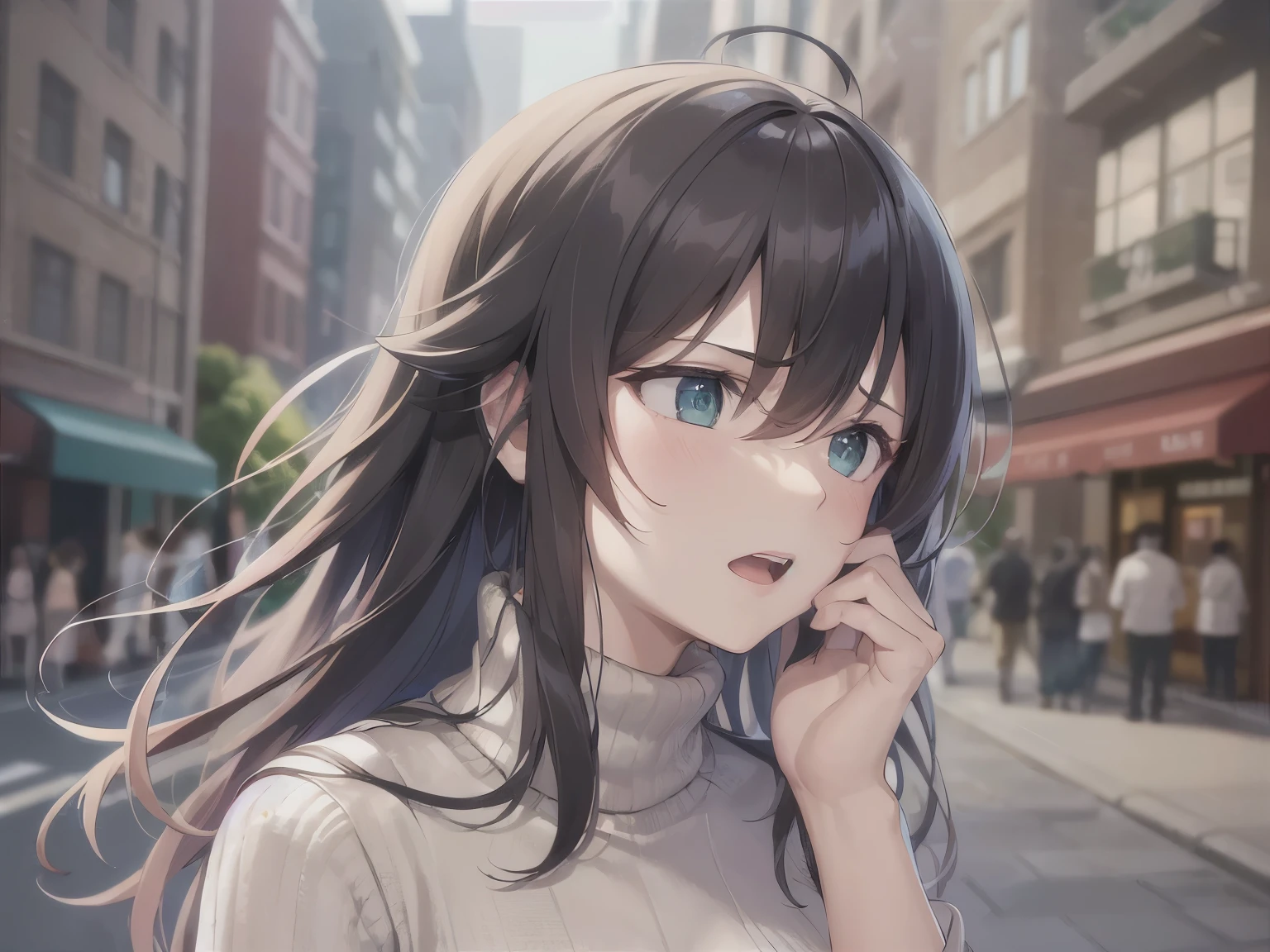 (running:1.1), Placing hand on face, (looking away:1.5)、Shooting from below、masterpiece、top-quality、 A 40-year-old green-eyed woman with wavy lobed brown bangs.、Wearing a beige turtleneck knit、(scared:1.3)、The background is a shopping street、Bold composition、Upper body is shown、Alone、