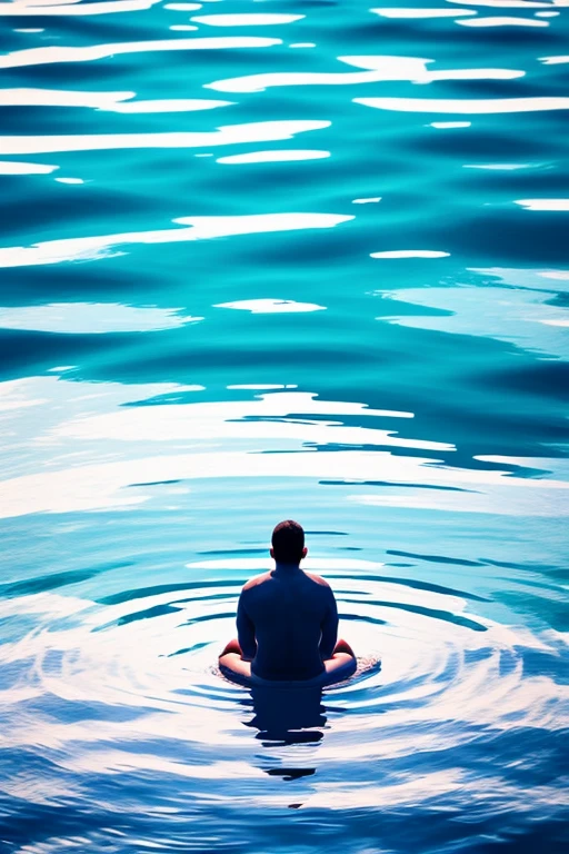 There is a man sitting on a mattress in the middle of the water, In the center of the lake, floating alone, Drift in a powerful Zen state, floating on the ocean, isolated, float in the water, on  the lake, floating and submerged, floating in the ocean, Emotional images, Solitude, Solitude, floating in empty space, floating away.