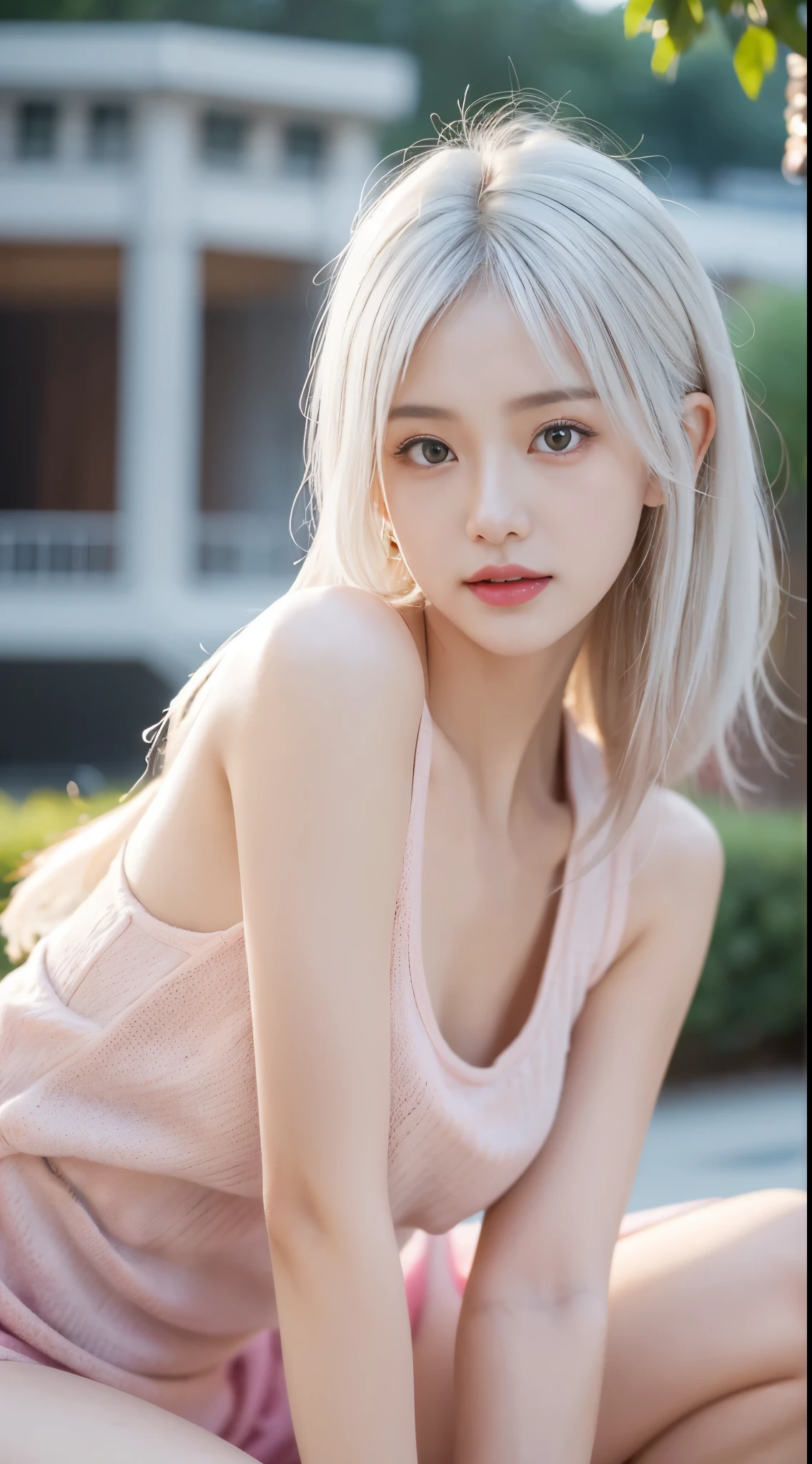 mix4、(8K、Raw photography、top-quality、masterpiece:1.2)、(NSFW:1.5),(realisitic、Photorealsitic:1.5)、1girl in、A young woman with a delicate and slender face, gentle brown eyes, semi long hair,she seems thoughtful and introverted, her appearance is elegant and sophisticated, Best Quality, The best smile, a beauty girl, Cute, depth of fields, High resolution, Ultra Detail, Highly detailed, Highly detailed 、 Sharp pupils, Realistic Women、Cinematic lighting、beautiful white hair color、Pink tank top、Nipples are erect、on the park