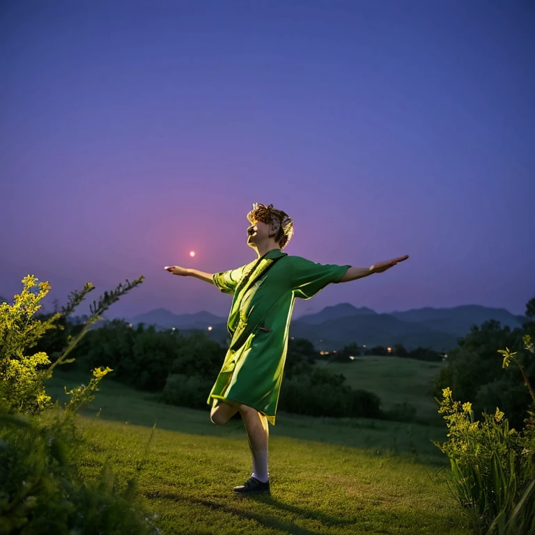 Beautiful night view from the mountaintop,Cloudless weather,An old man dancing in the air,Dress like Peter Pan,spreading arms widely,Turn around,lovely smile,less popular,Superb view