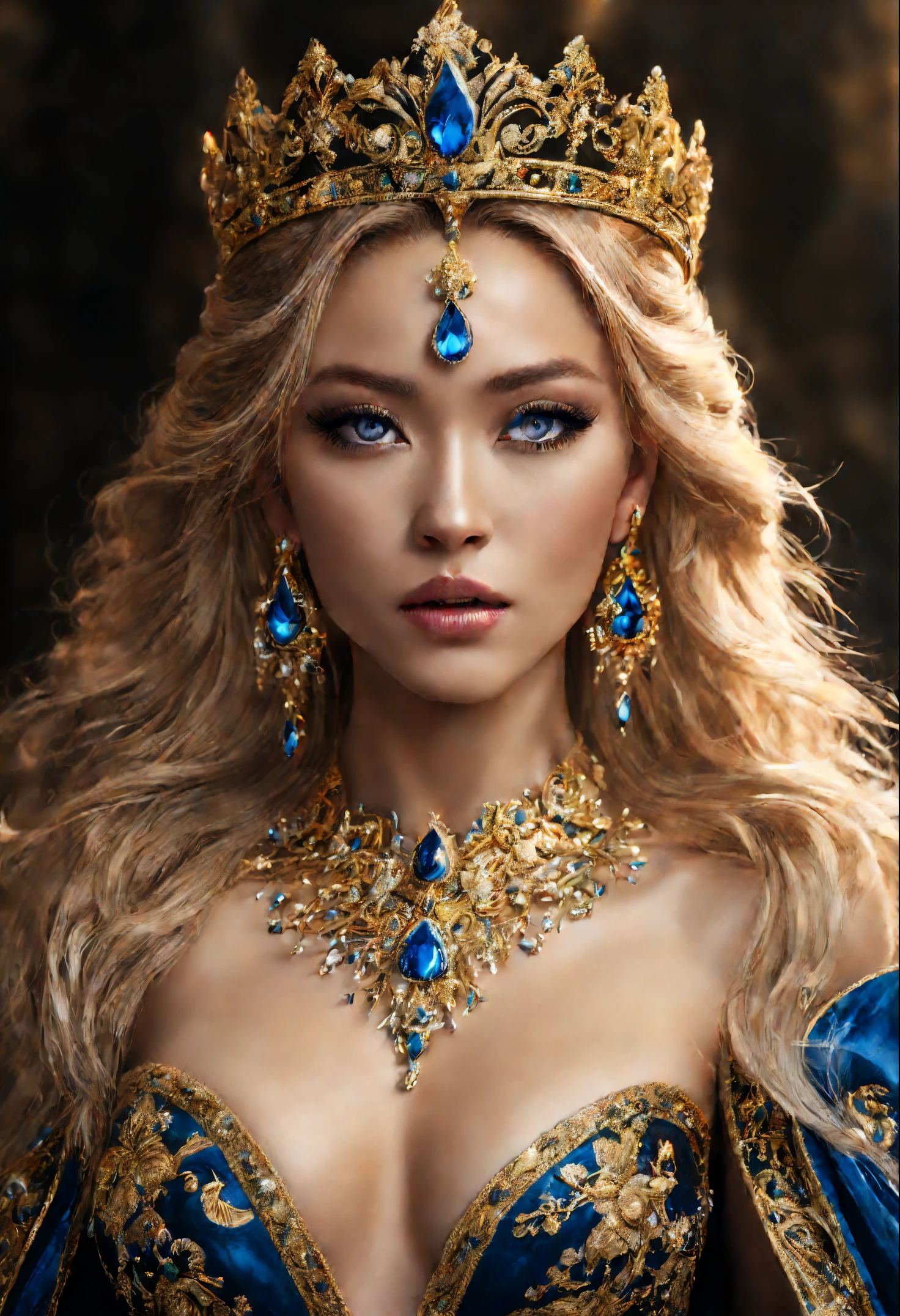 Crystal Princess wearing ornate jewelry, Asian faces with beautiful flowing blonde hair and striking blue eyes, black and gold revealing outfit showing lots of skin and enormous chest while wearing a diamond tiara and gorgeous earrings, photorealistic, hyperrealistic, cinematic, gorgeous detail, full body image, fantasy, deep color