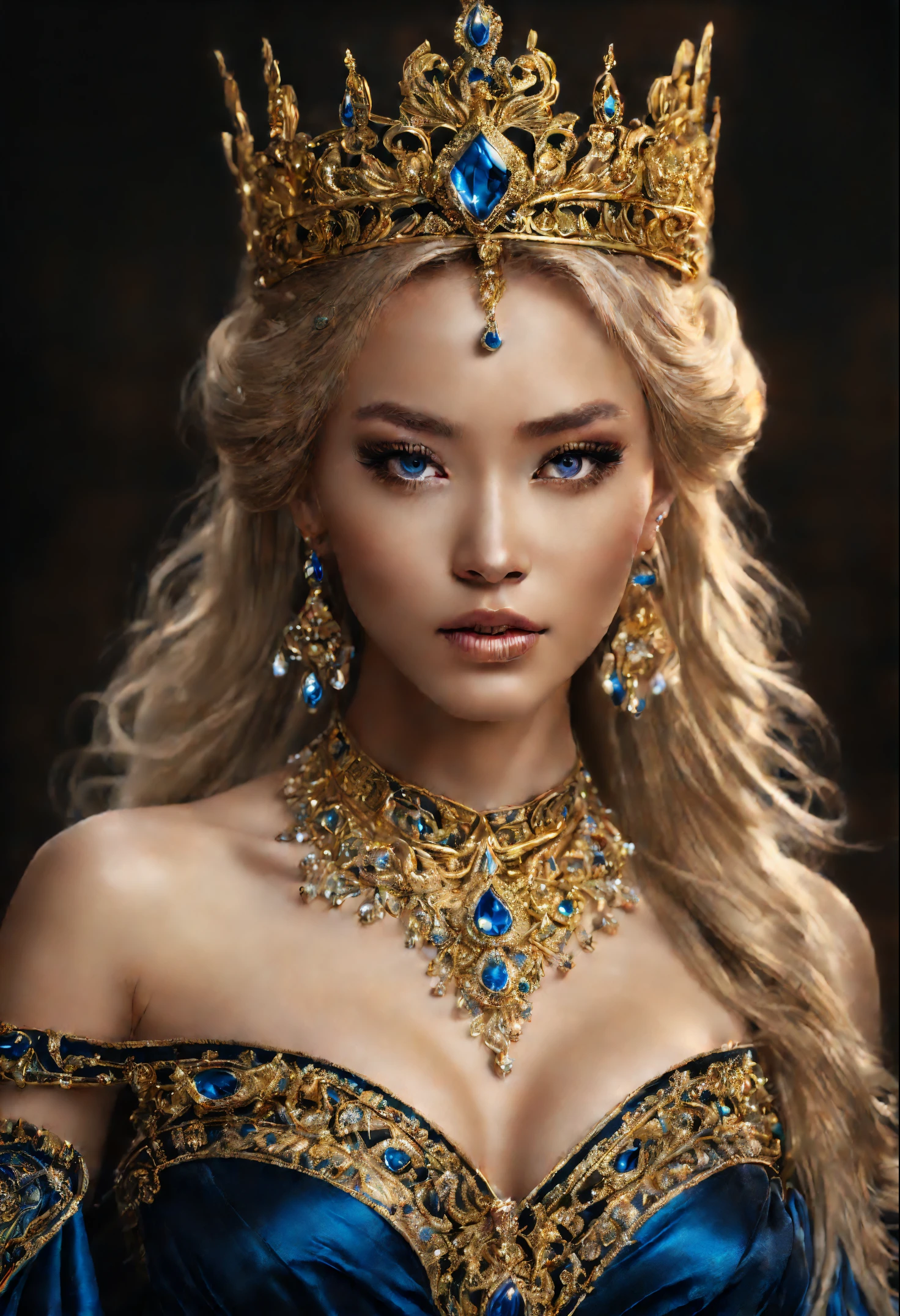 Crystal Princess wearing ornate jewelry, Asian faces with beautiful flowing blonde hair and striking blue eyes, black and gold revealing outfit showing lots of skin and enormous chest while wearing a diamond tiara and gorgeous earrings, photorealistic, hyperrealistic, cinematic, gorgeous detail, full body image, fantasy, deep color