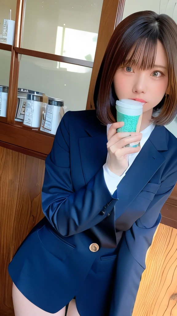 1girl in, (Raw photography:1.2), (Photorealsitic:1.4), (masterpiece:1.3), (Top image quality:1.4), 超A high resolution, (detailed facial features), (detailed clothes features), nffsw, 8K分辨率, solofocus, (Slender girl), (Extreme detailed illustration), ((Business Casual)),white shirt, ((Dark blue jacket)),((Dark blue jacket)), The background is inside the Starbucks store......., (holding a frappe in hand),(holding a frappe in hand),A smile