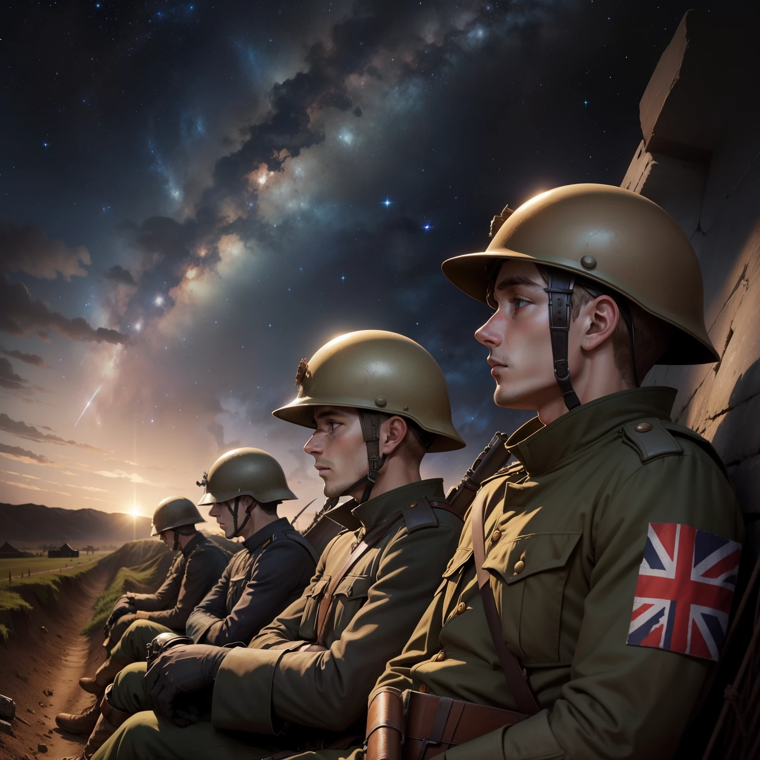 World War I, Sitting down, leaning against the trench, Helmet, British soldiers, looking up, looking away. late night, night sky, starry sky, gloomy,