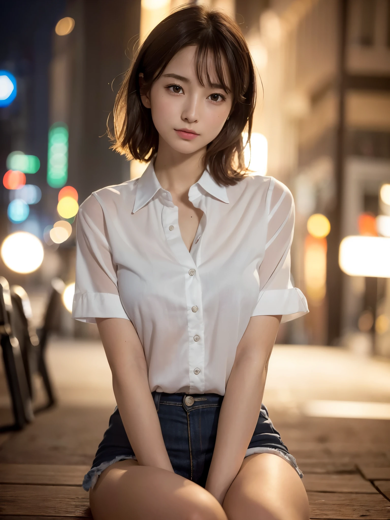 ((top quality, 8k, masterpiece: 1.3, raw photo)), Sharp Focus: 1.2, (SOLO), (1 aespa girl: 1.2), (Realistic, Photorealistic: 1.37), (face focus: 1.1), cute face, small breasts, flat chest, short messy hair, nude, (business shirt: 1.1), Beautiful Woman sitting the street Under Lamp Light, cinematic lighting, thigh,