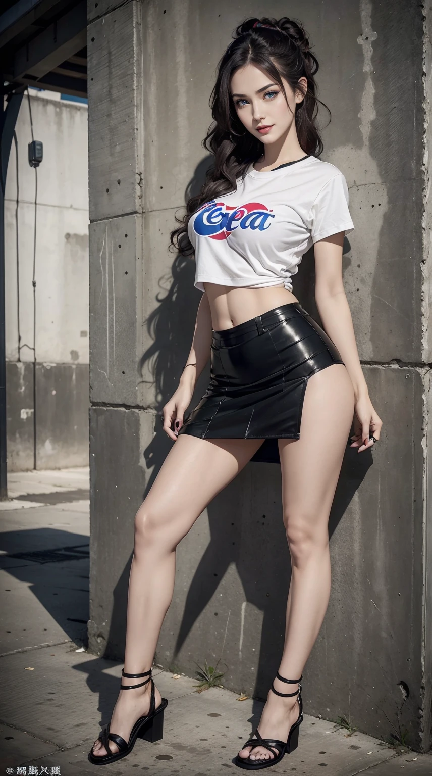 24-year-old woman、Hair color is brunette、Eye color is blue、Longhaire、wearing eye shadow and lipstick、A slender、a smile、Beautiful breasts、I'm wearing a small T-shirt with a Pepsi Cola-like logo on it.、I can see the lower breasts、My abs are cracked、I can see the navel、She's wearing a tight skirt with a deep slit.、my hair is tied up、I'm wearing lace-up sandals、Standing on an old concrete wall with Banksy artwork、I can see the lower breasts、