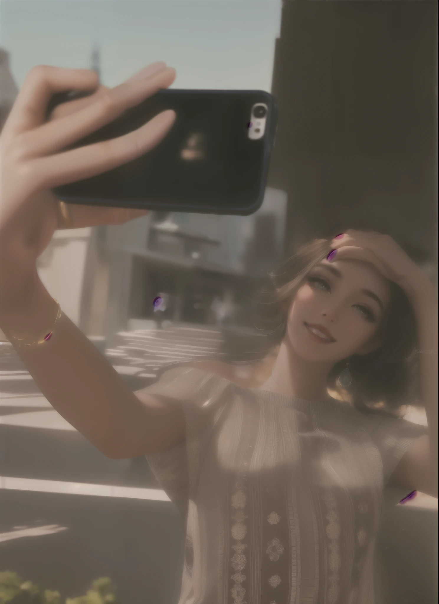 (best quality,highres,ultra-detailed),HDR,UHD,(realistic:1.37),woman,taking a picture of herself,cell phone,selfie,on a balcony,beautiful detailed eyes,beautiful detailed lips,long eyelashes,golden-hour lighting,urban backdrop,modern architecture,cityscape,joyful expression,vibrant colors,sunlit,soft breeze,relaxed pose,bright smile,stylish outfit,scenic view,perfectly composed shot,Instagram-worthy,seamless background rendezvous,sparkling lights,unforgettable memory