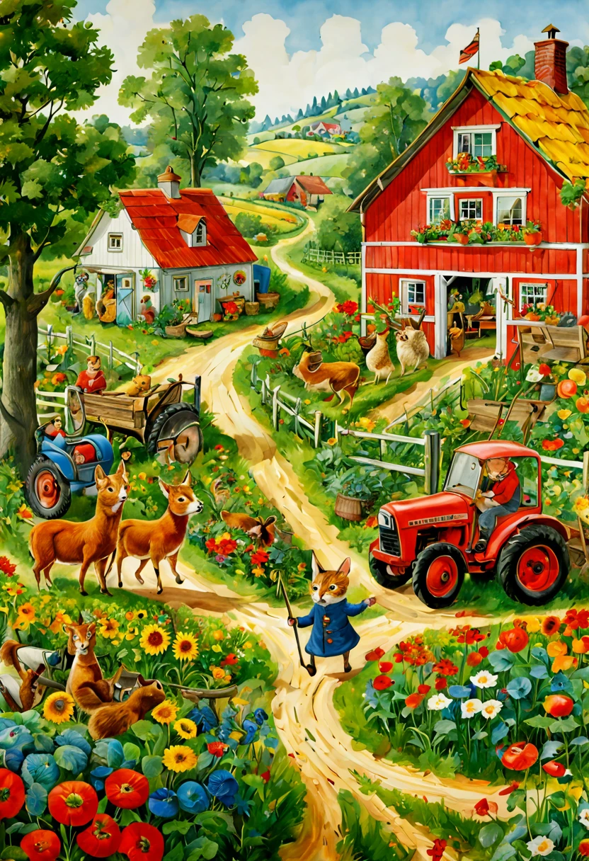 by Richard Scarry and Elsa Beskow, Farm Life, Country style, intricate, (best quality, masterpiece, Representative work, official art, Professional, unity 8k wallpaper:1.3)
