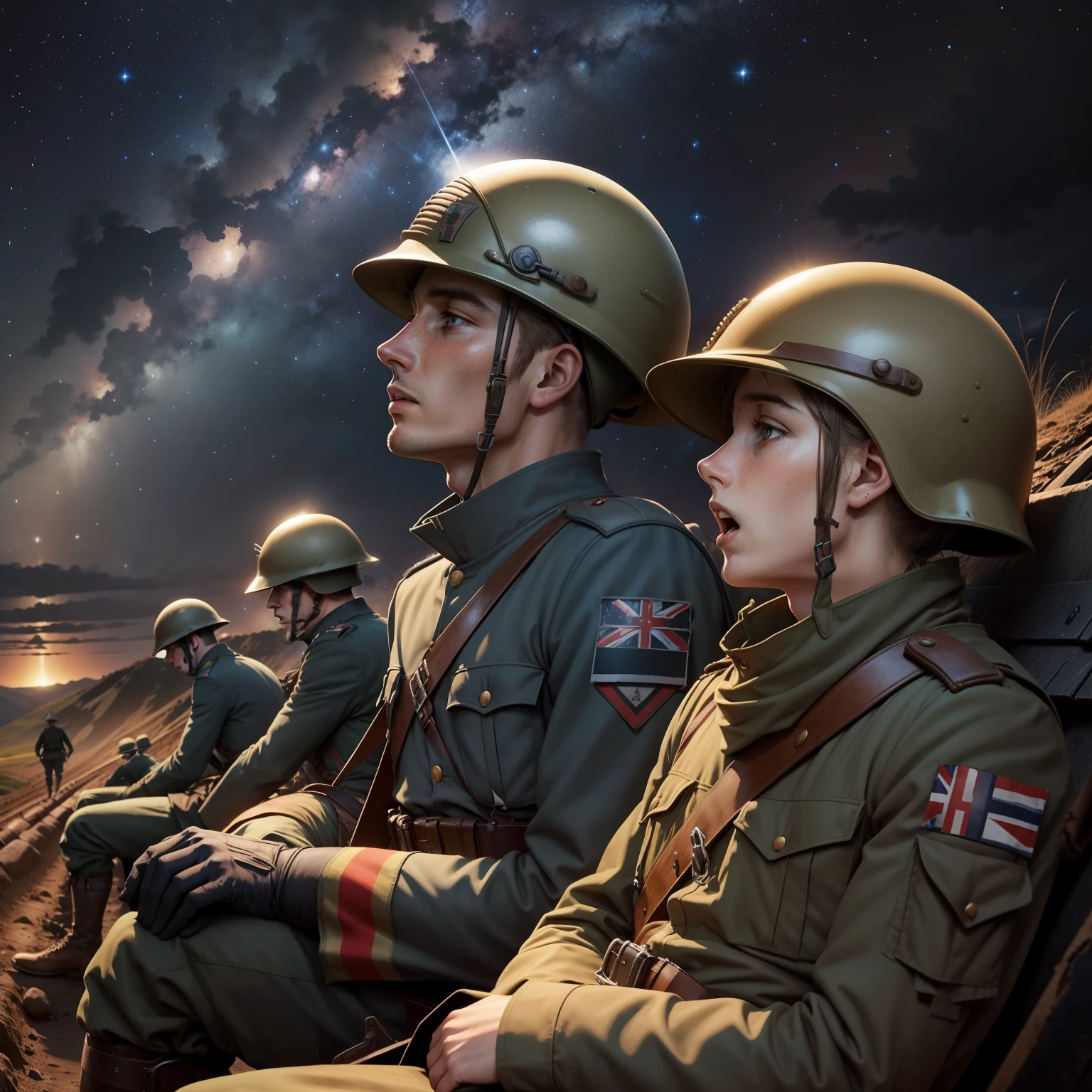 World War I, Sitting down, leaning against the trench, Helmet, British soldiers, ((looking up, looking away)). late night, night sky, starry sky, gloomy, open mouth