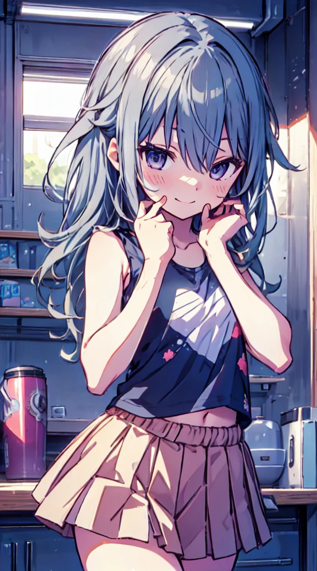 masutepiece, Best Quality,Illustration, Wallpaper, ultra -detail, 1loli、♡、Futomo、Poses in motion、A mischievous smile、Tank tops、a short skirt、Put your hand on your cheek