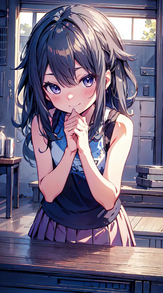 masutepiece, Best Quality,Illustration, Wallpaper, ultra -detail, 1loli、♡、Futomo、Poses in motion、A mischievous smile、Tank tops、a short skirt、Put your hand on your cheek