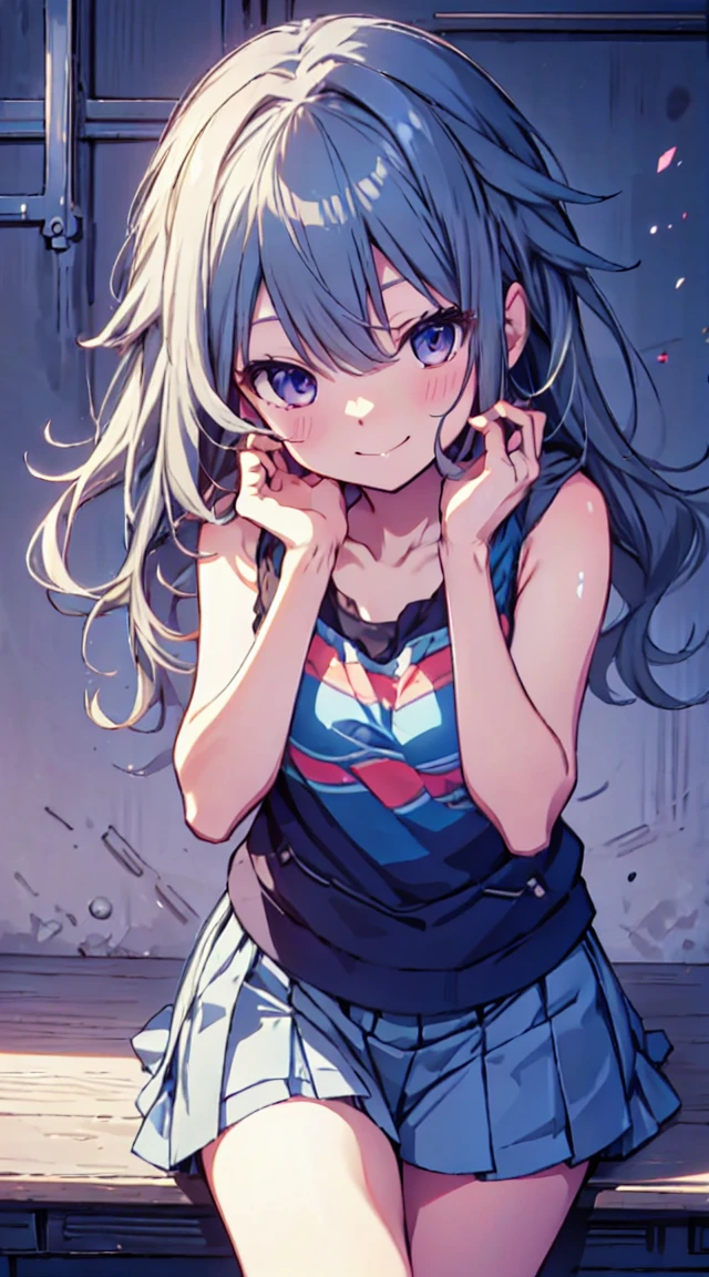 masutepiece, Best Quality,Illustration, Wallpaper, ultra -detail, 1loli、♡、Futomo、Poses in motion、A mischievous smile、Tank tops、a short skirt、Put your hand on your cheek