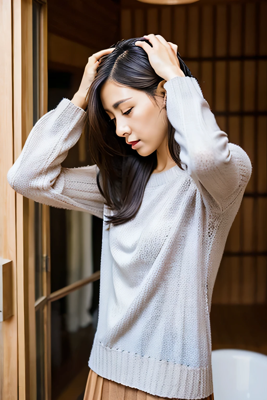 One lady、woman touching her head、woman taking care of her hair、japanes、Anxious look、Depression、Head Spa、Hairline、Hair parting、straight haired、White knitwear