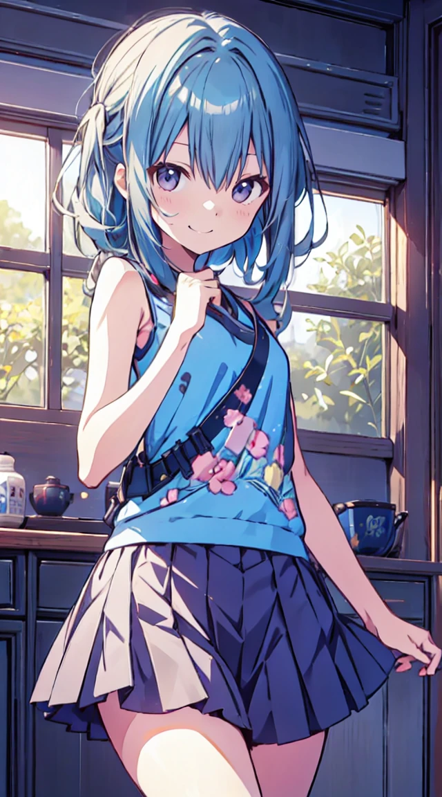 masutepiece, Best Quality,Illustration, Wallpaper, ultra -detail, 1loli、♡、Futomo、Poses in motion、A mischievous smile、Tank tops、a short skirt、focus on the person