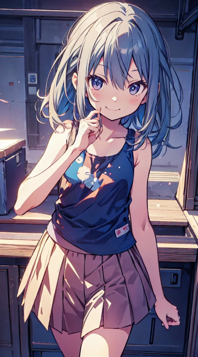 masutepiece, Best Quality,Illustration, Wallpaper, ultra -detail, 1loli、♡、Futomo、Poses in motion、A mischievous smile、Tank tops、a short skirt、focus on the person