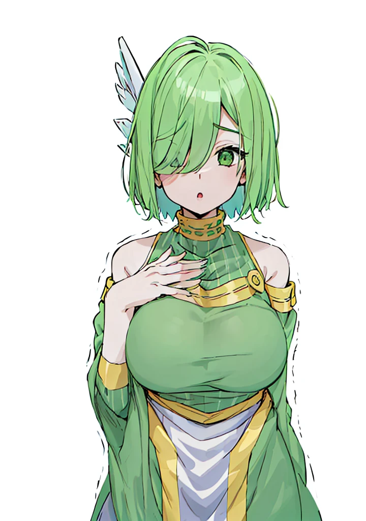 (huge breasts, curvy, gigantic sagging breasts, large breasts, gigantic breasts, sagging breasts), solo, 1girl, green_hair, bangs, green_eyes, hair_over_one_eye, striped, white_background, bare_shoulders, dress, long_sleeves, eyebrows_visible_through_hair, sleeveless, looking_at_viewer, green_dress, wide_sleeves, hand_up, simple_background, sleeveless_dress, hair_intakes, hand_on_own_chest, breasts, open_mouth, fingernails, short_hair, hair_between_eyes, green_nails, small_breasts, green_theme, upper_body, hair_ornament, cowboy_shot, collarbone, vertical_stripes, detached_sleeves, two-tone_background, standing, parted_lips, :o, off_shoulder, gold_trim