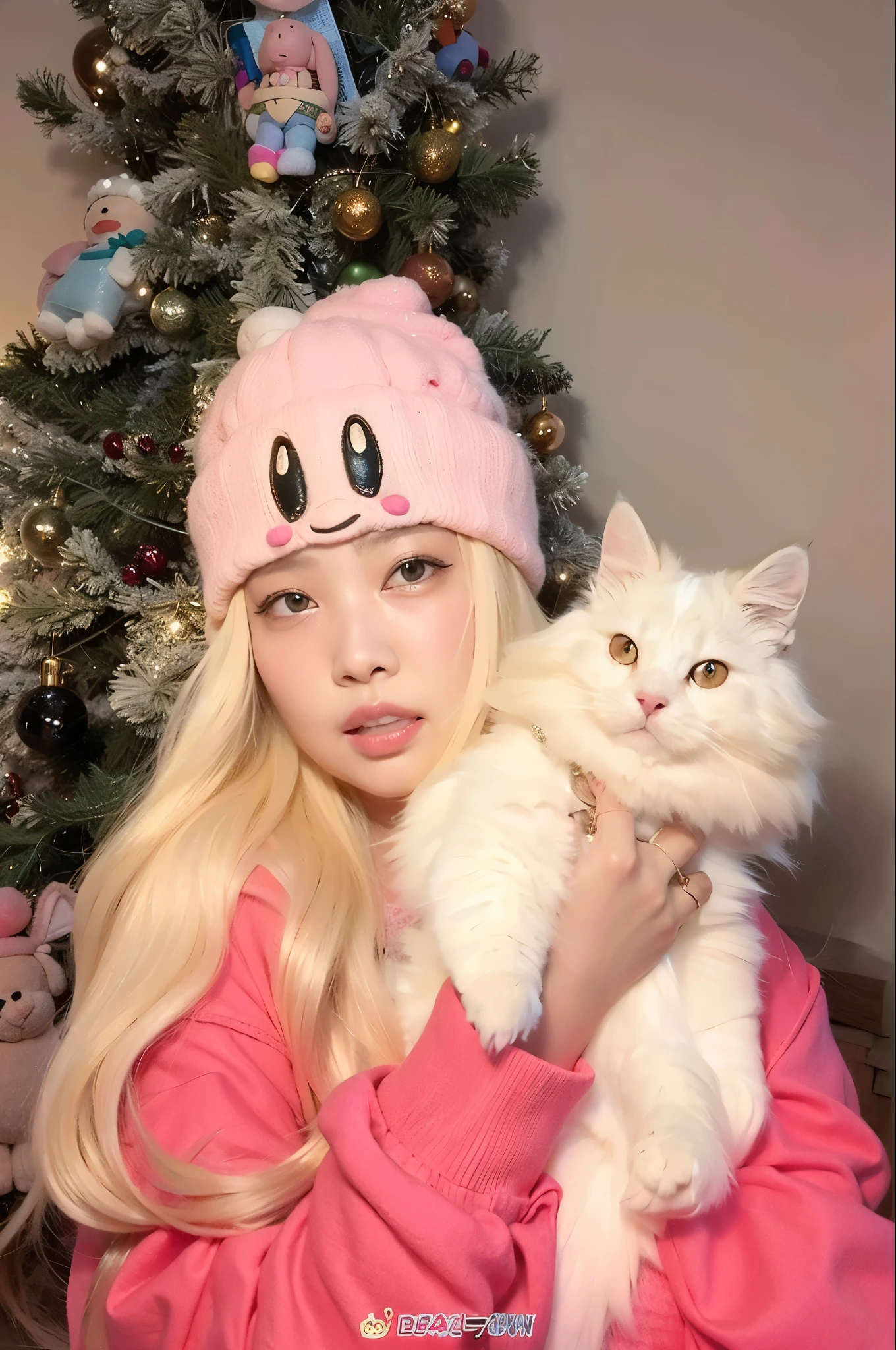 blond woman in pink sweater holding a สีขาว แมว in front of a christmas tree, smol fluffy แมว wearing smol hat, very beautiful cute แมวสาว, อุลซาง, with สีขาว long hair, สวน Roseanne ของ Blackpink, เอวา แม็กซ์, with long สีขาว hair, (สีชมพู colorelle เดลฟีน, สีขาว แมว สาว, สีขาว ( แมว ) สาว