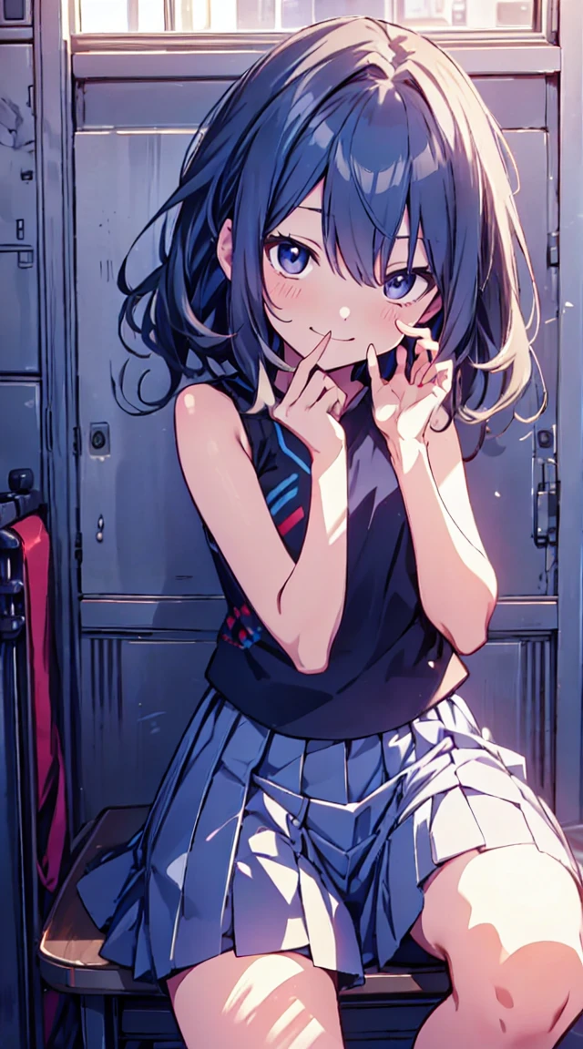 masutepiece, Best Quality,Illustration, Wallpaper, ultra -detail, 1loli、♡、Futomo、Poses in motion、A mischievous smile、Tank tops、a short skirt、Put your hand on your cheek