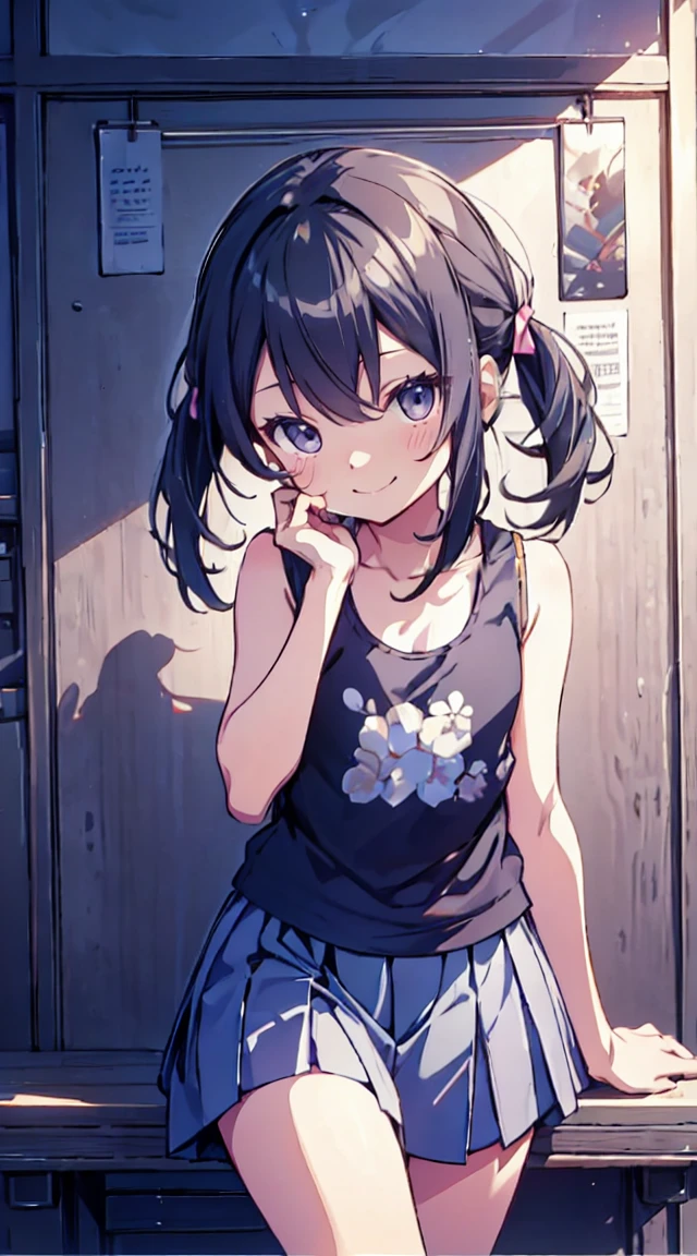 masutepiece, Best Quality,Illustration, Wallpaper, ultra -detail, 1loli、♡、Futomo、Poses in motion、A mischievous smile、Tank tops、a short skirt、Put your hand on your cheek
