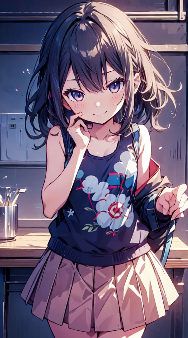 masutepiece, Best Quality,Illustration, Wallpaper, ultra -detail, 1loli、♡、Futomo、Poses in motion、A mischievous smile、Tank tops、a short skirt、Put your hand on your cheek