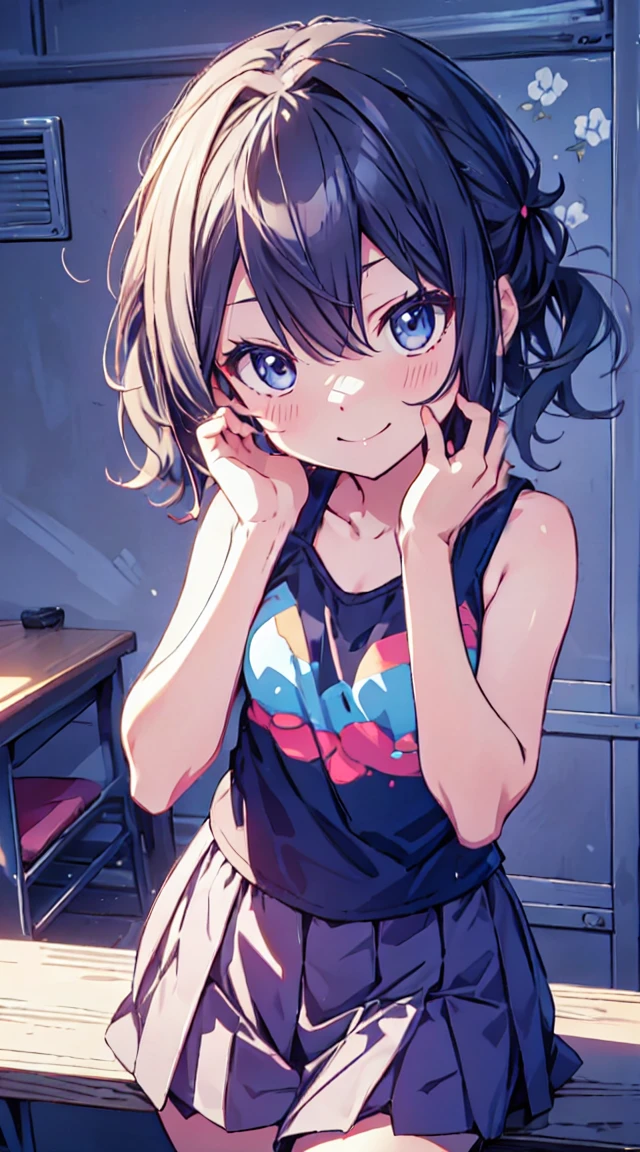 masutepiece, Best Quality,Illustration, Wallpaper, ultra -detail, 1loli、♡、Futomo、Poses in motion、A mischievous smile、Tank tops、a short skirt、Put your hand on your cheek