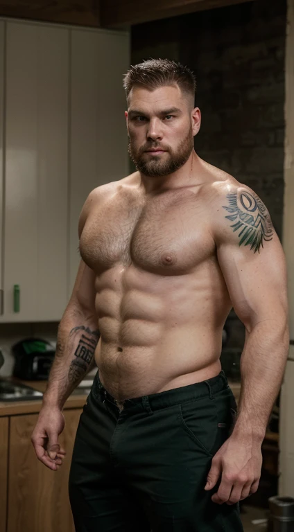 white man huntsman, 30 years old, military haircut, black hair, intense green eyes fixed, intense gaze, affiliated features, no facial hair, height 1.93, weight 100 kg, muscular and corpulent build, broad shoulders, V-shaped body, tattoo's, full body focus, completely hairless,