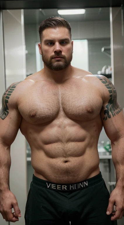 white man huntsman, 30 years old, military haircut, black hair, intense green eyes fixed, intense gaze, affiliated features, no facial hair, height 1.93, weight 100 kg, muscular and corpulent build, broad shoulders, V-shaped body, tattoo's, full body focus, completely hairless,