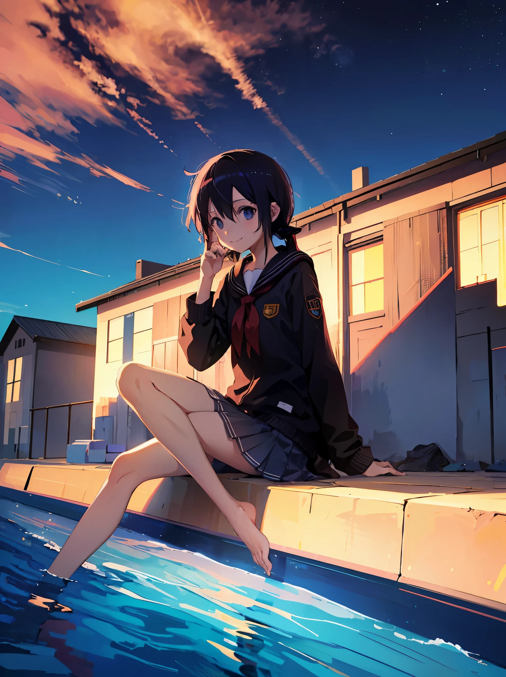 elementary school girl, blows wind,floated hair，Wind， Colorful, , masterpiece, Sit up, side from, A smile, lighthouse, starrysky，Female Kirito