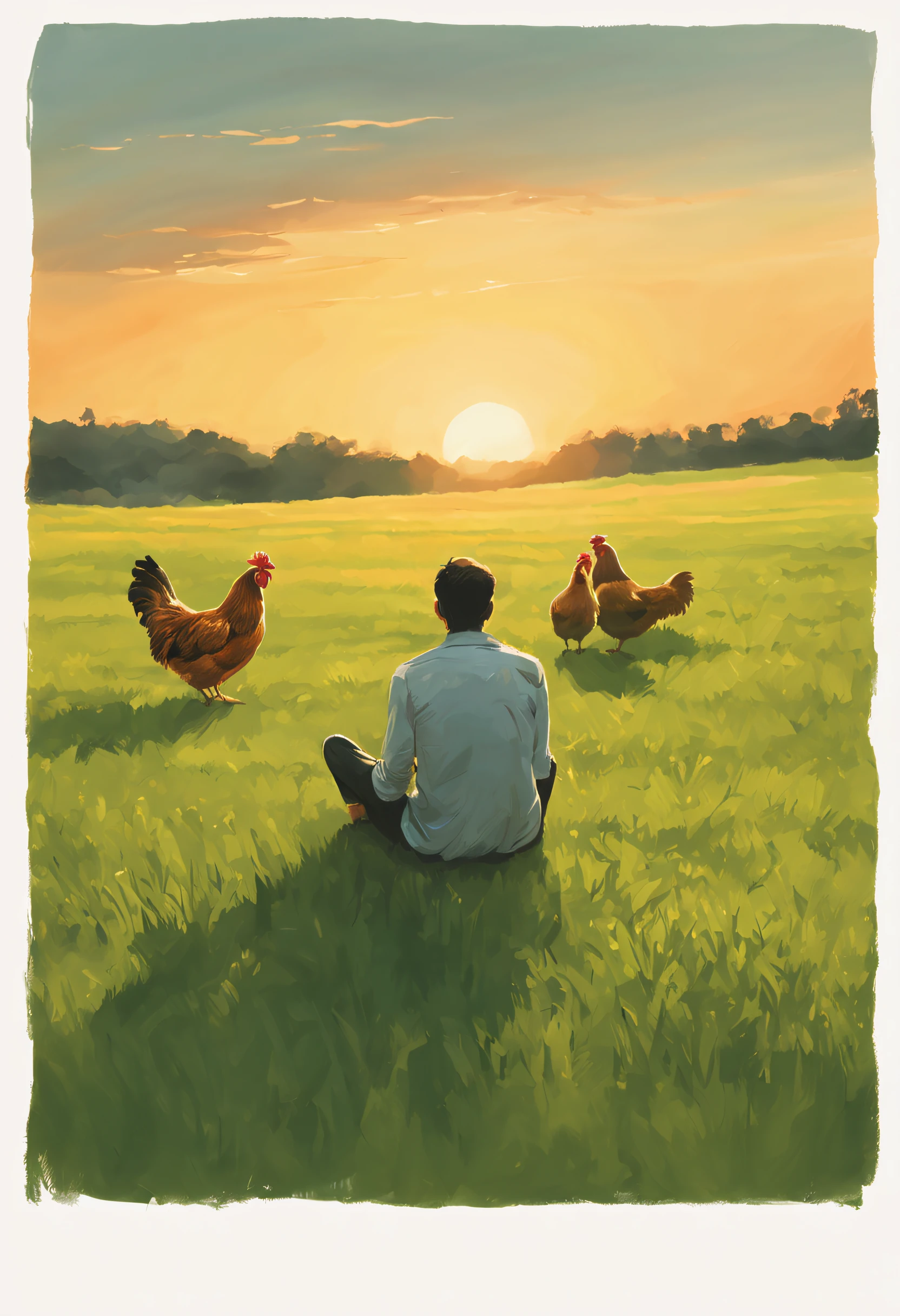 man is sitting with his back in a green field during sunset. Highlight two nearby chickens, emphasizing serenity and peaceful connection between man, a natureza e os animais.