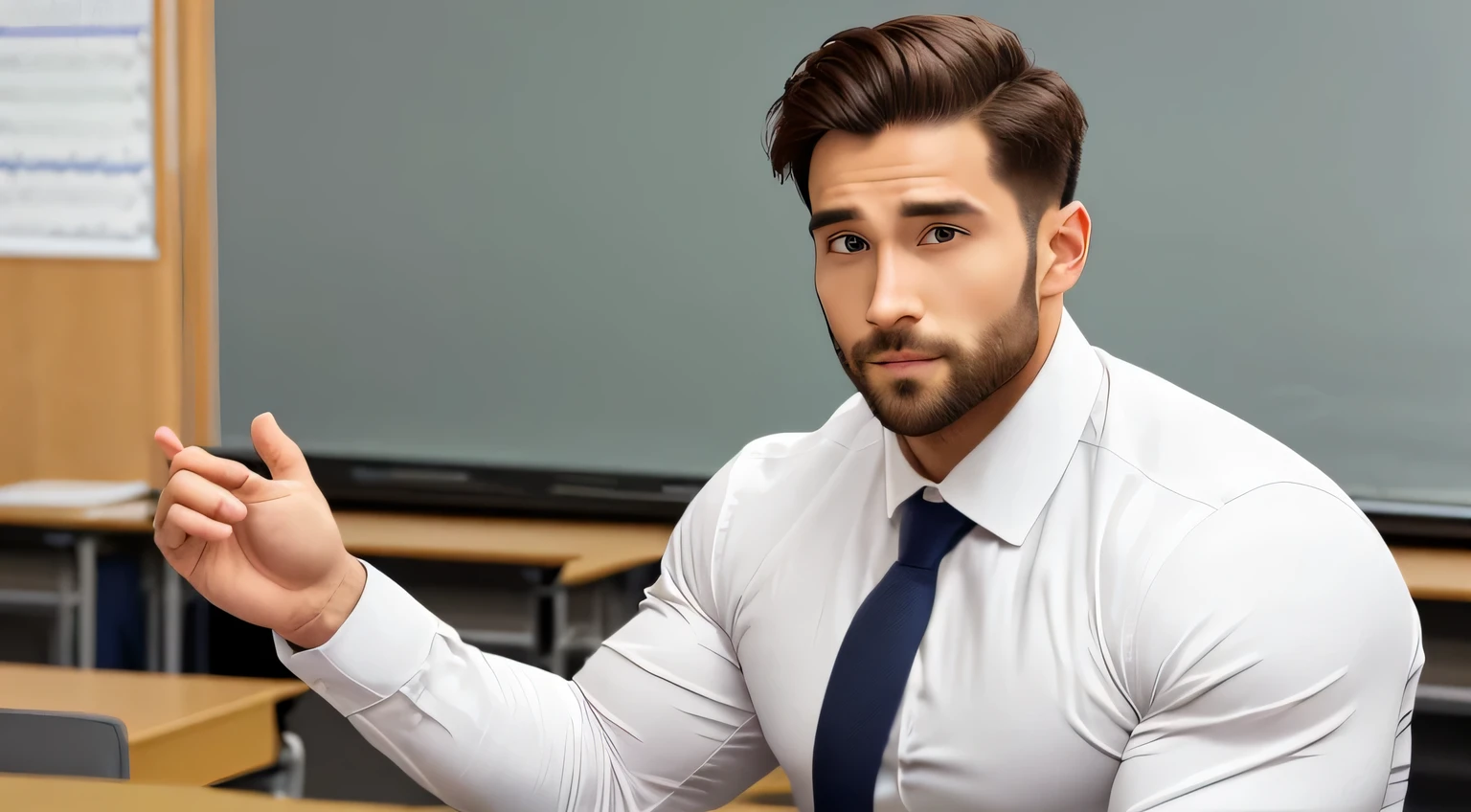 1人，30-year-old muscular man，is a teacher，Wear a long-sleeved white shirt and tie，he is using his body