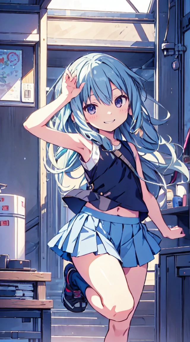 masutepiece, Best Quality,Illustration, Wallpaper, ultra -detail, 1loli、♡、Futomo、Poses in motion、A mischievous smile、Tank tops、a short skirt、raise one leg