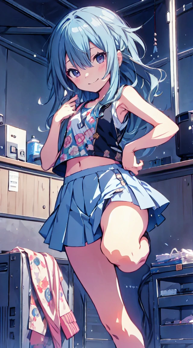 masutepiece, Best Quality,Illustration, Wallpaper, ultra -detail, 1loli、♡、Futomo、Poses in motion、A mischievous smile、Tank tops、a short skirt、raise one leg