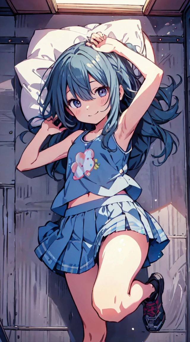 masutepiece, Best Quality,Illustration, Wallpaper, ultra -detail, 1loli、♡、Futomo、Poses in motion、A mischievous smile、Tank tops、a short skirt、raise one leg